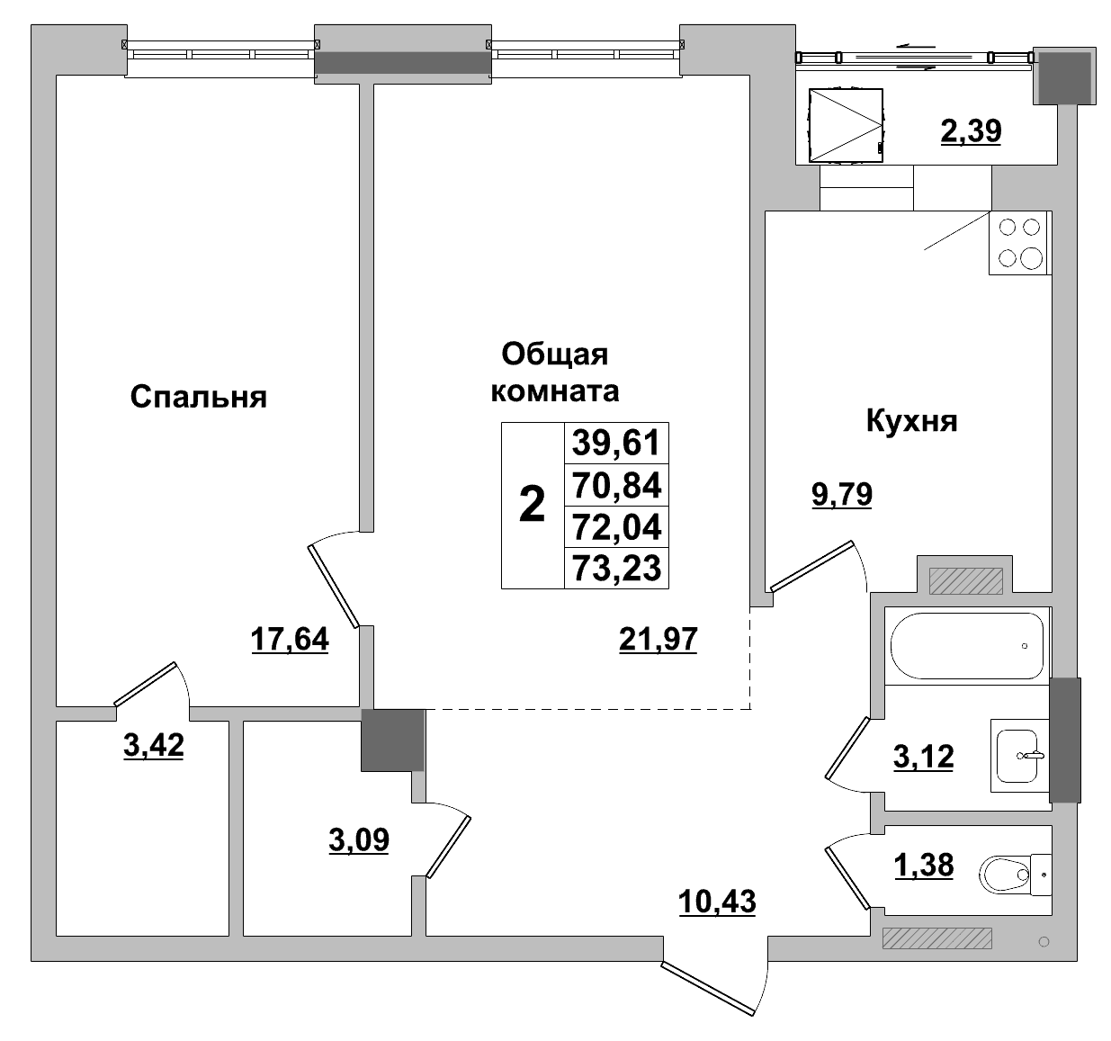 2 комн., 72.0 м²