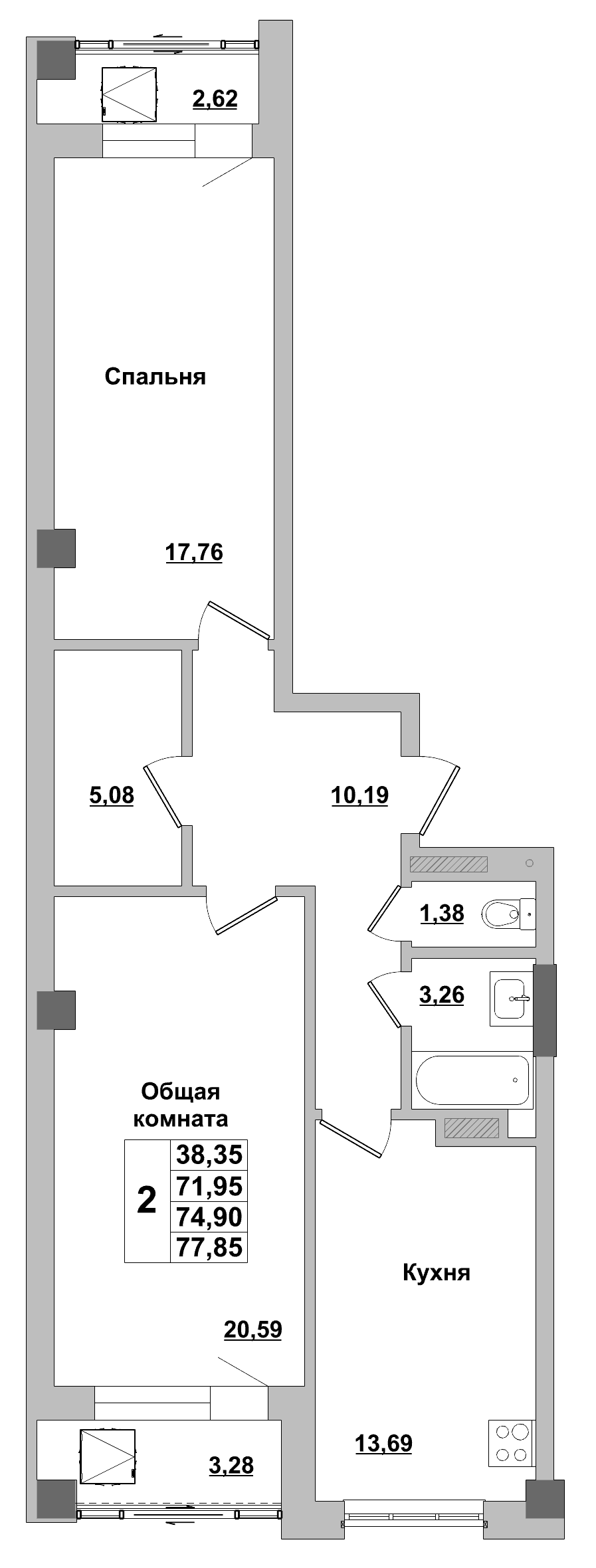 2 комн., 74.9 м²