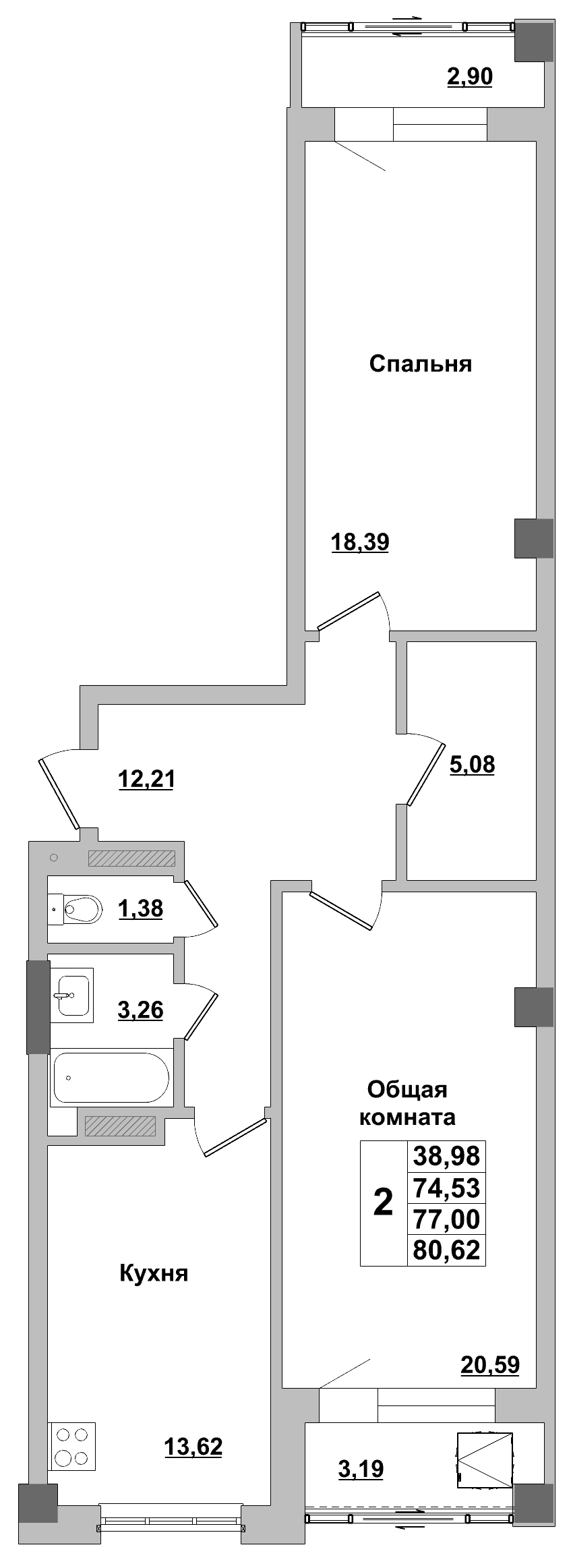 2 комн., 77.0 м²