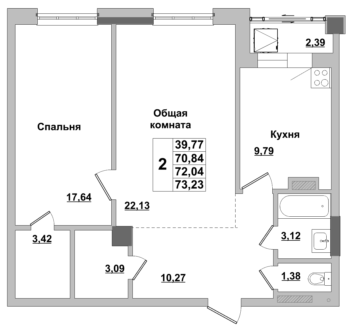 2 комн., 72.0 м²