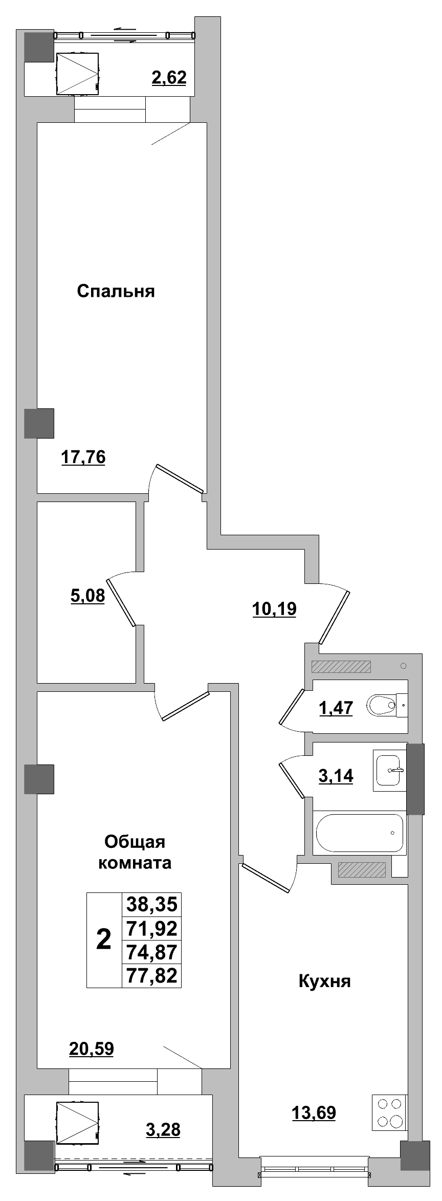 2 комн., 74.9 м²