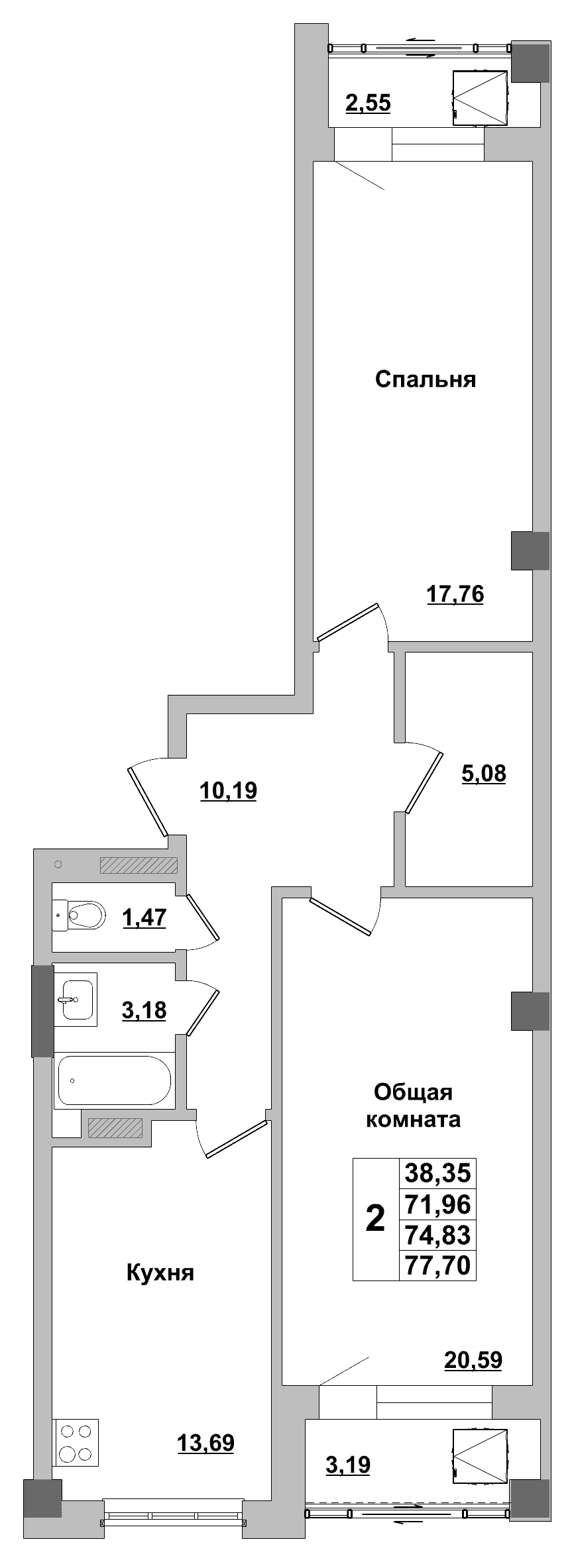 2 комн., 74.8 м²