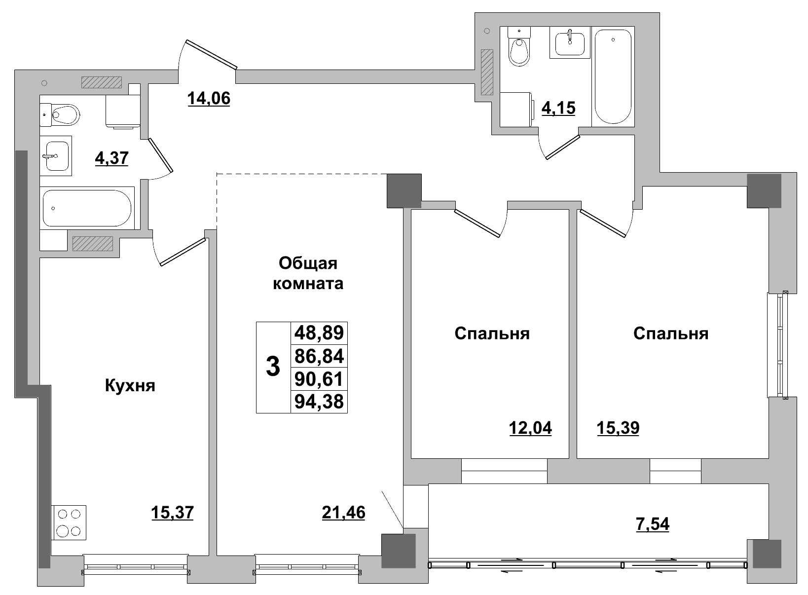 3 комн., 90.6 м²