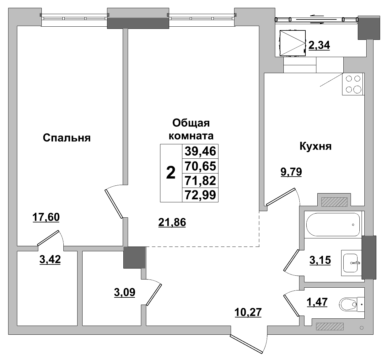 2 комн., 71.8 м²