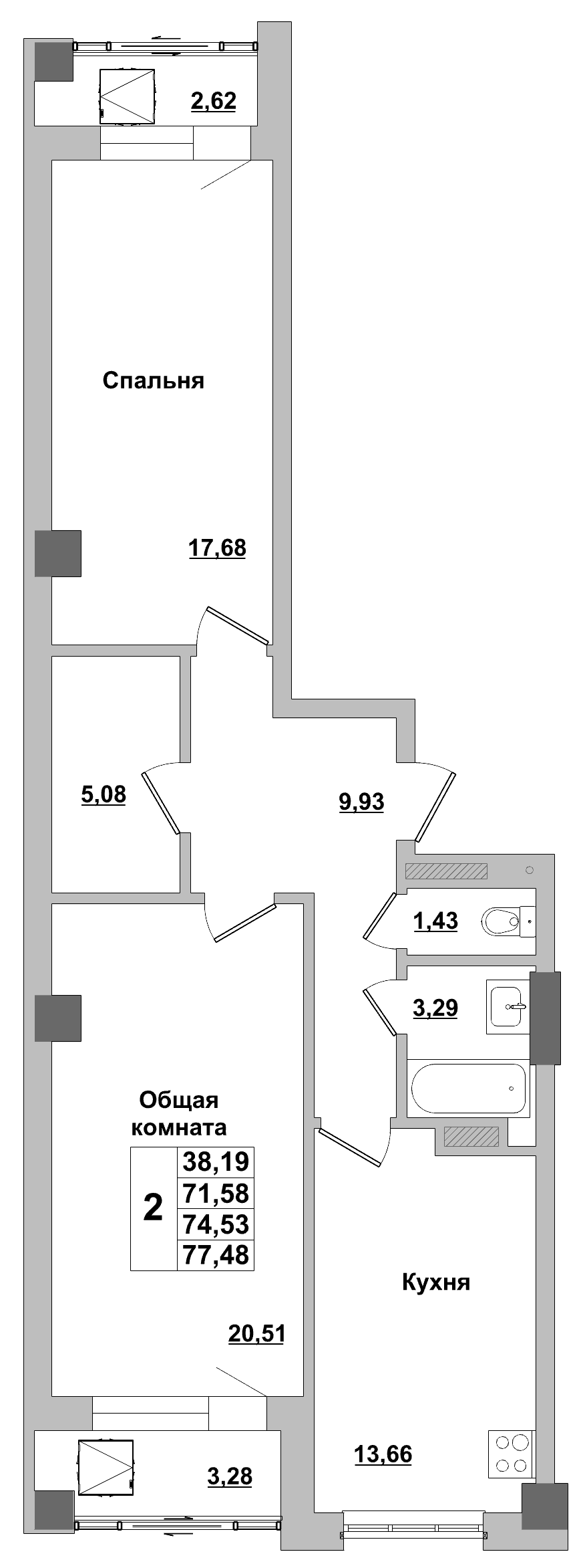 2 комн., 74.5 м²