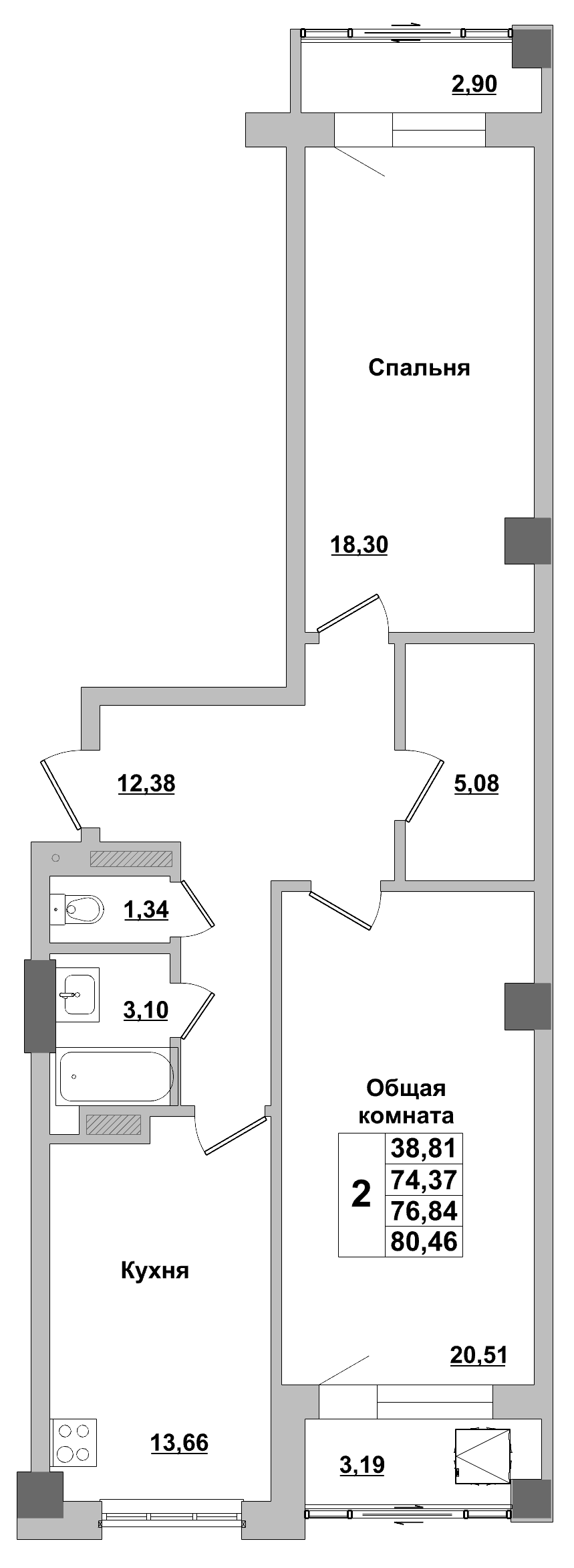 2 комн., 76.8 м²
