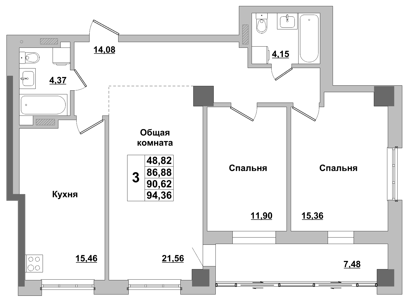 3 комн., 90.6 м²