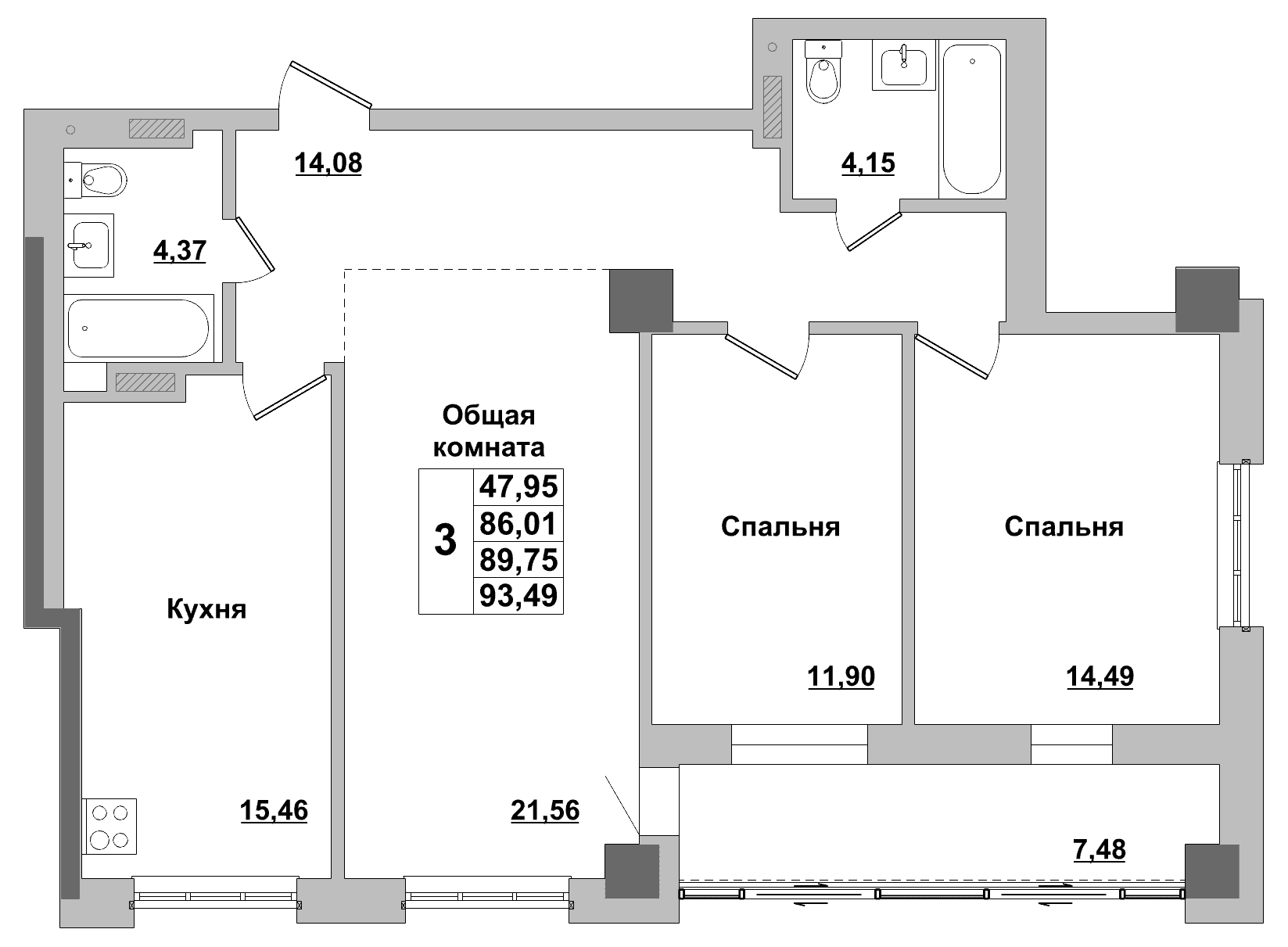 3 комн., 89.8 м²