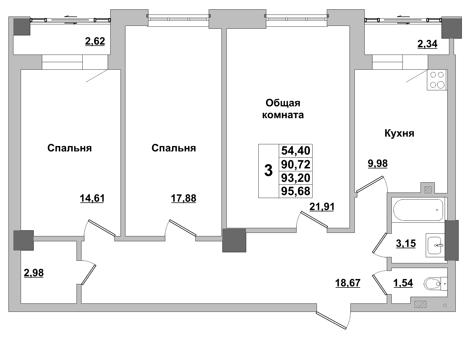 3 комн., 93.2 м²
