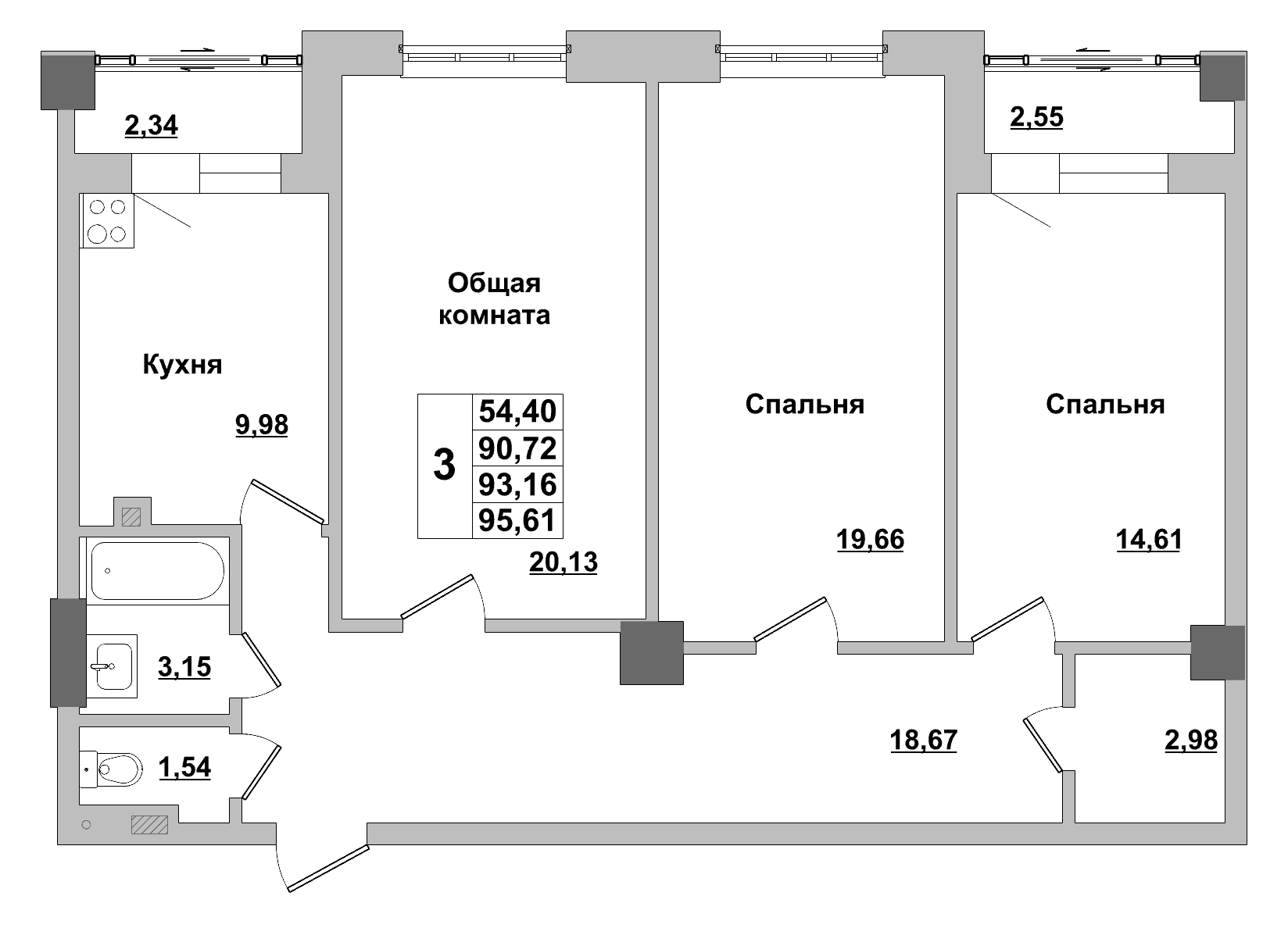 3 комн., 93.2 м²