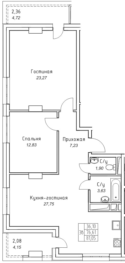 3 комн., 81.0 м²