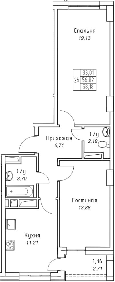 2 комн., 58.2 м²