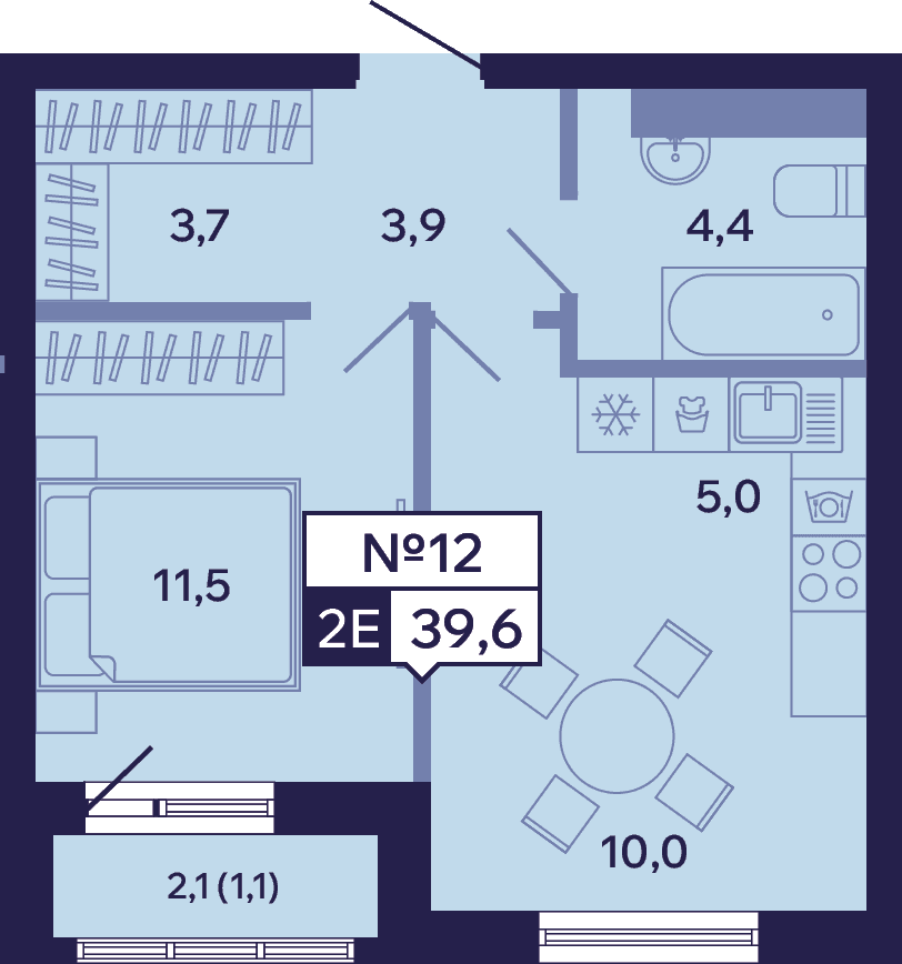 2 комн., 39.6 м²