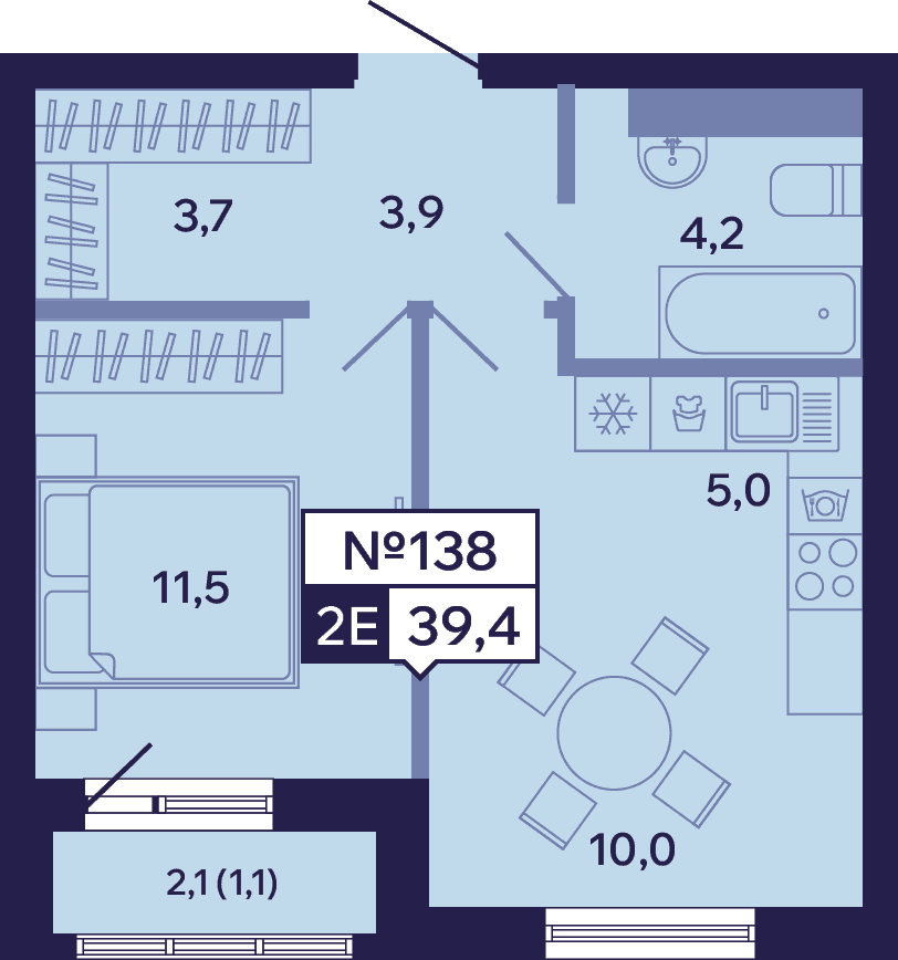 2 комн., 39.4 м²