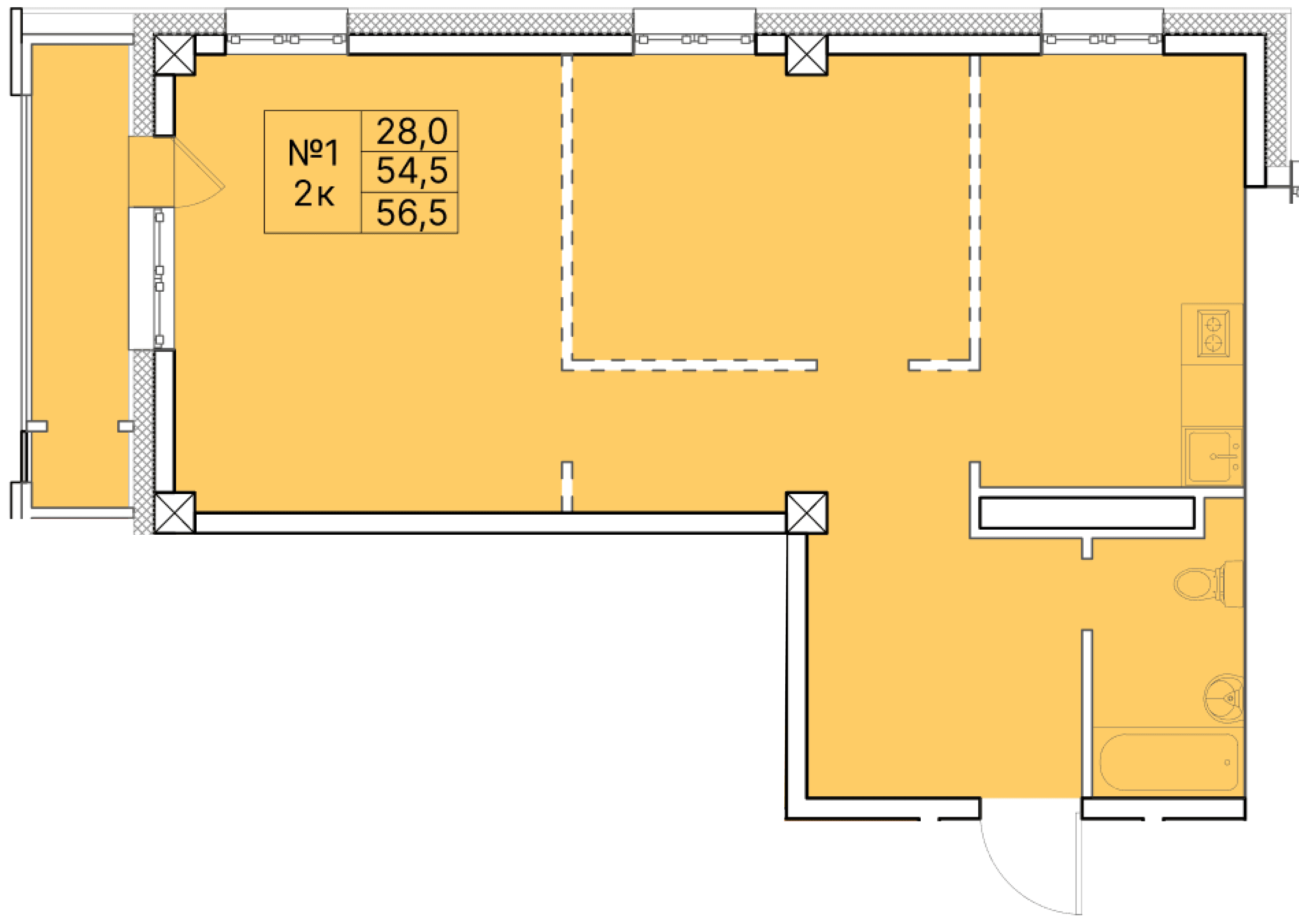 2 комн., 56.5 м²