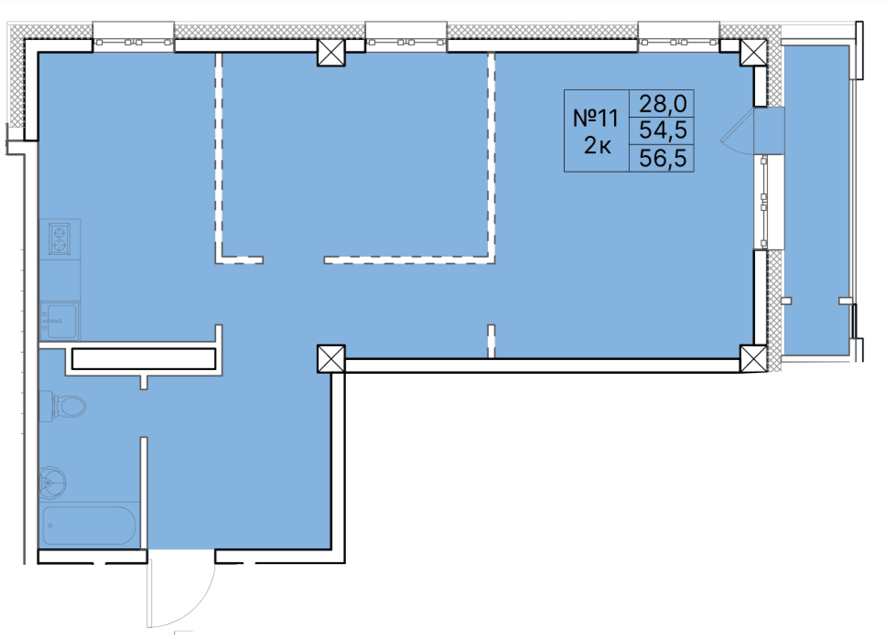 2 комн., 56.5 м²