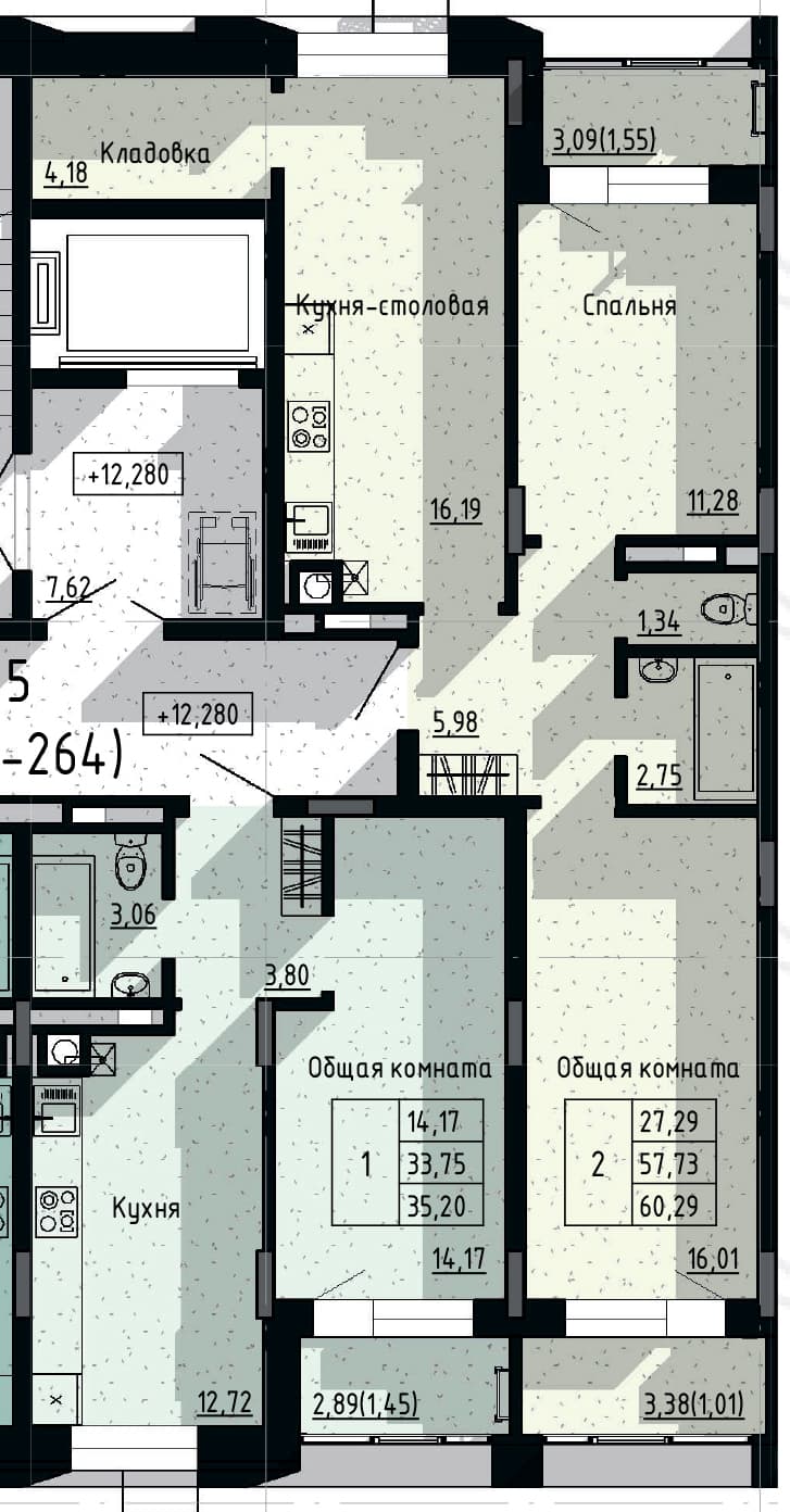2 комн., 60.3 м²