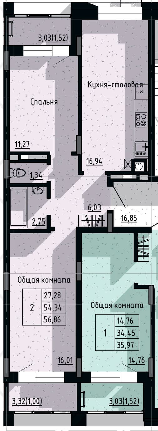 2 комн., 56.9 м²