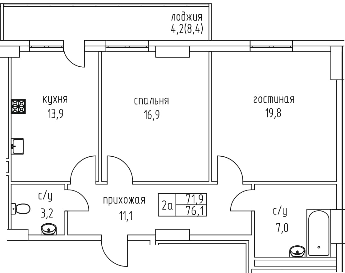 2 комн., 76.1 м²