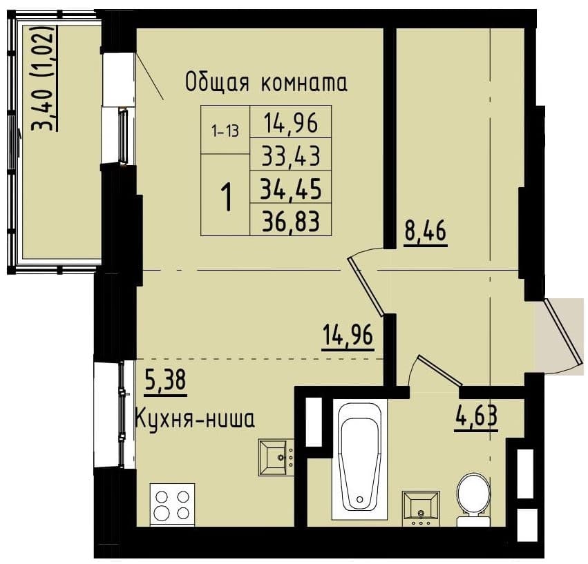 1 комн., 34.5 м²