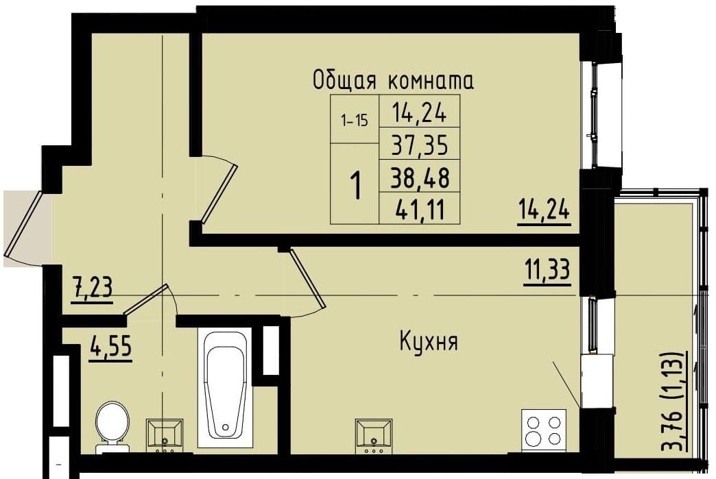 1 комн., 38.5 м²