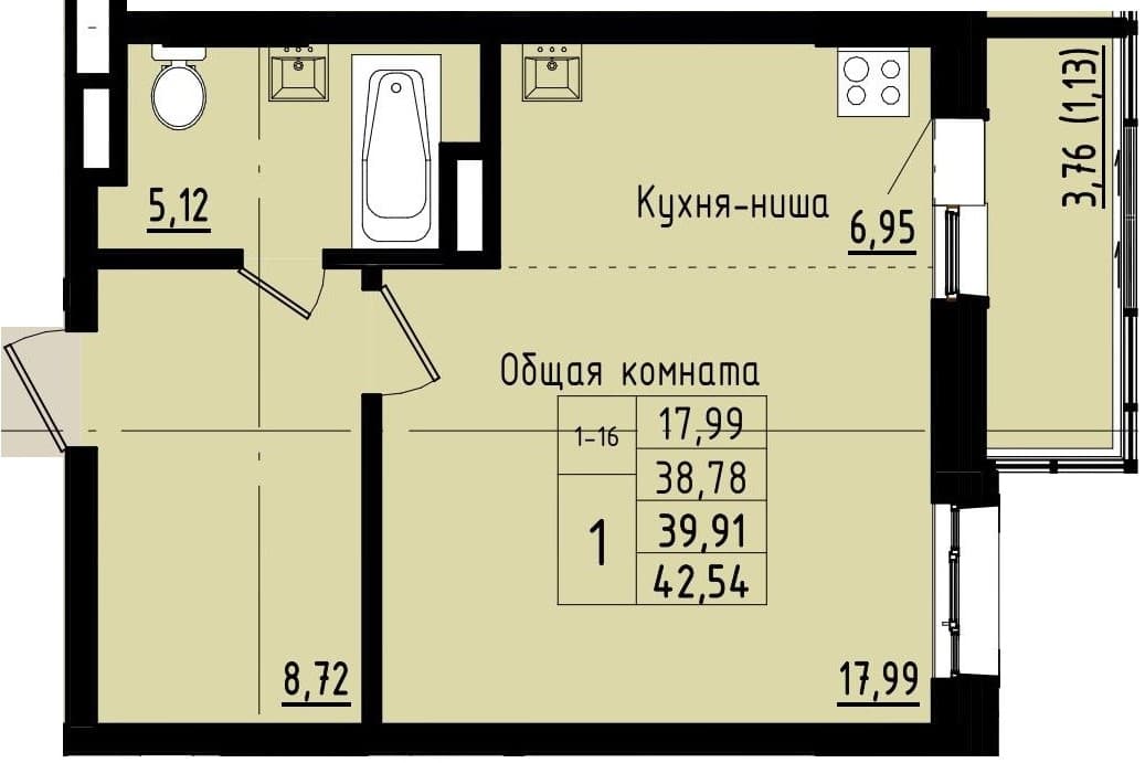 1 комн., 39.9 м²