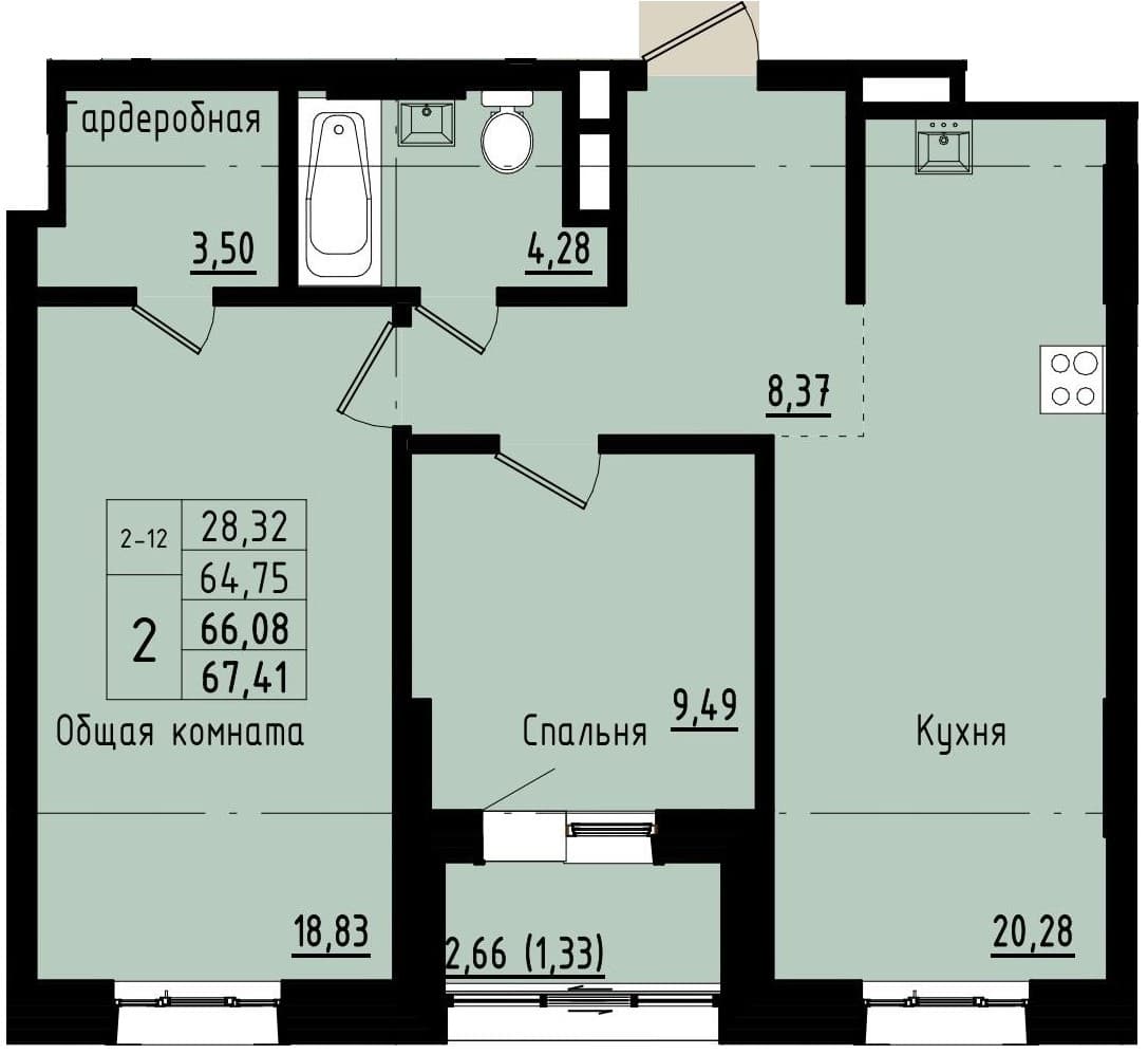 2 комн., 66.1 м²