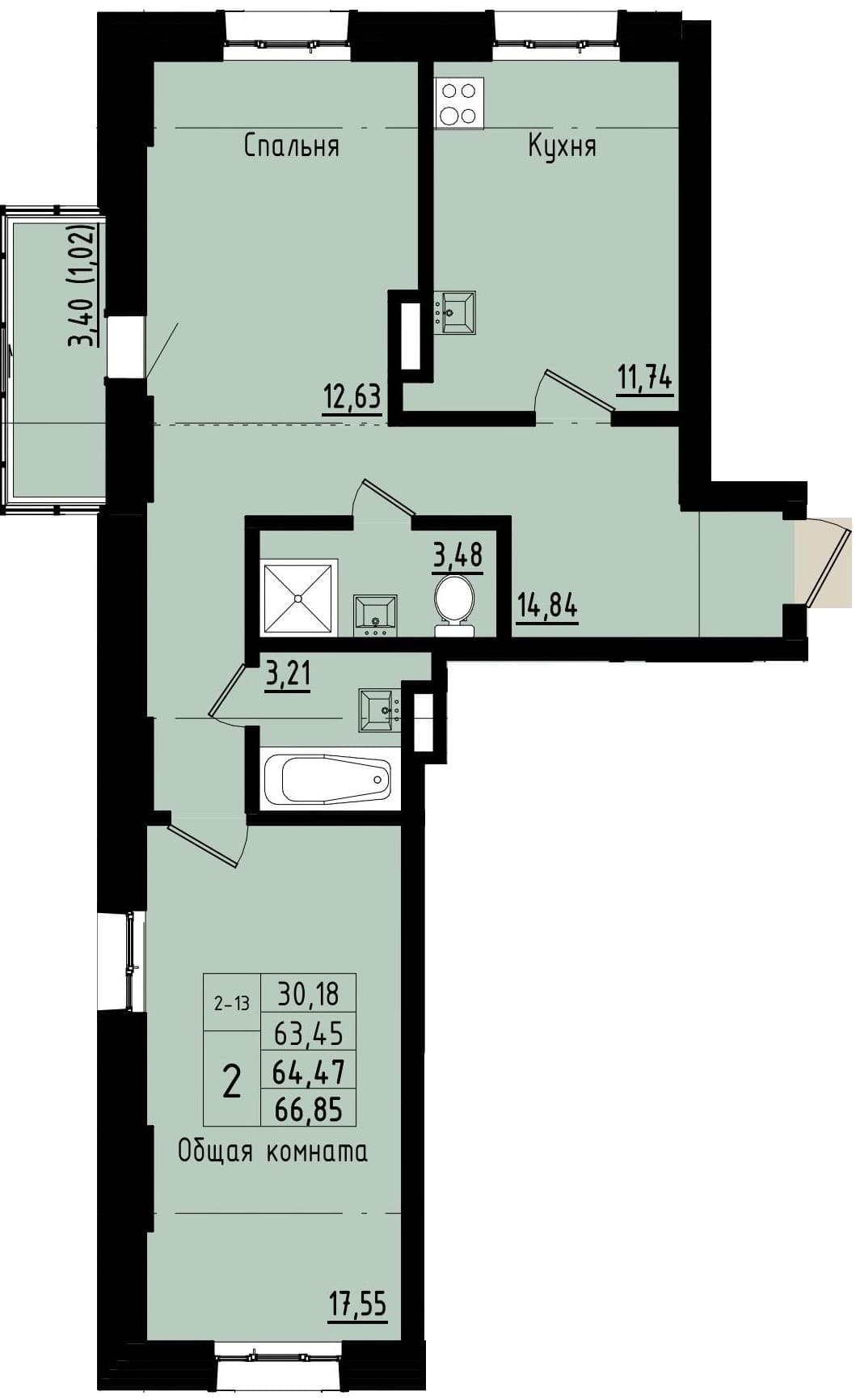2 комн., 64.5 м²