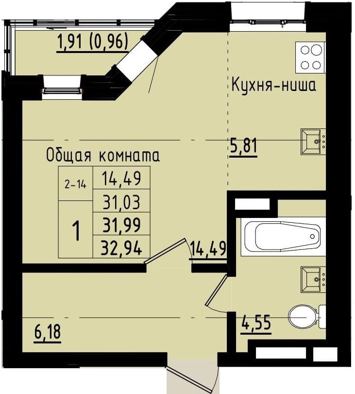 1 комн., 32.0 м²