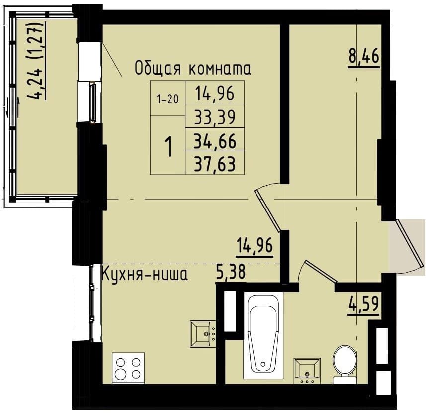 1 комн., 34.7 м²