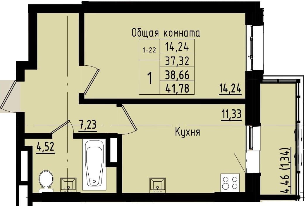 1 комн., 38.7 м²
