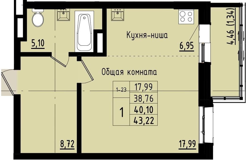 1 комн., 40.1 м²