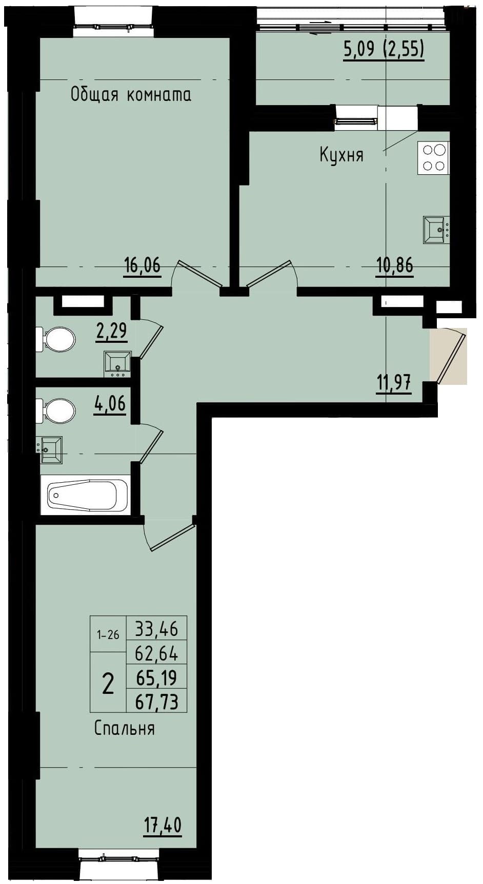 2 комн., 65.2 м²