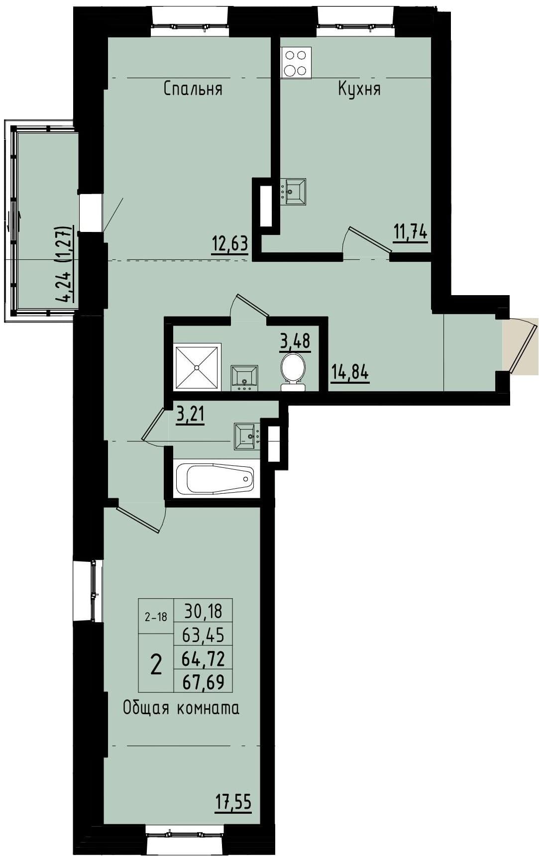 2 комн., 64.7 м²