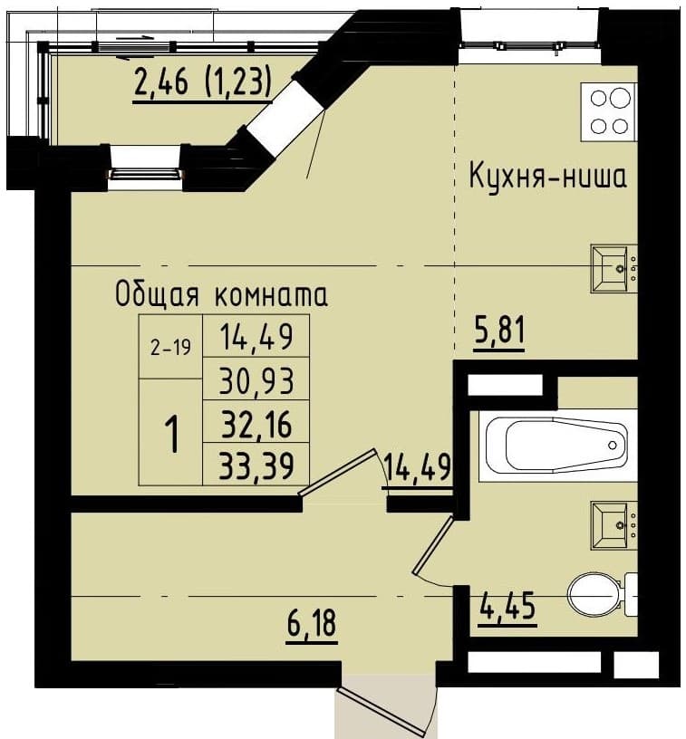 1 комн., 32.2 м²