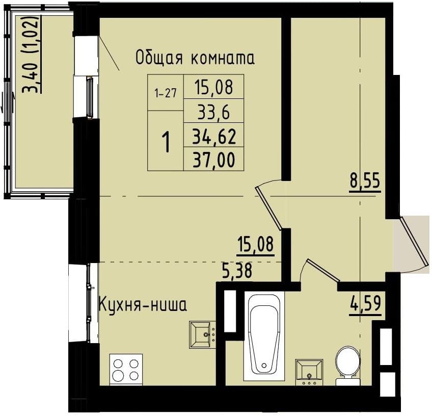 1 комн., 34.6 м²