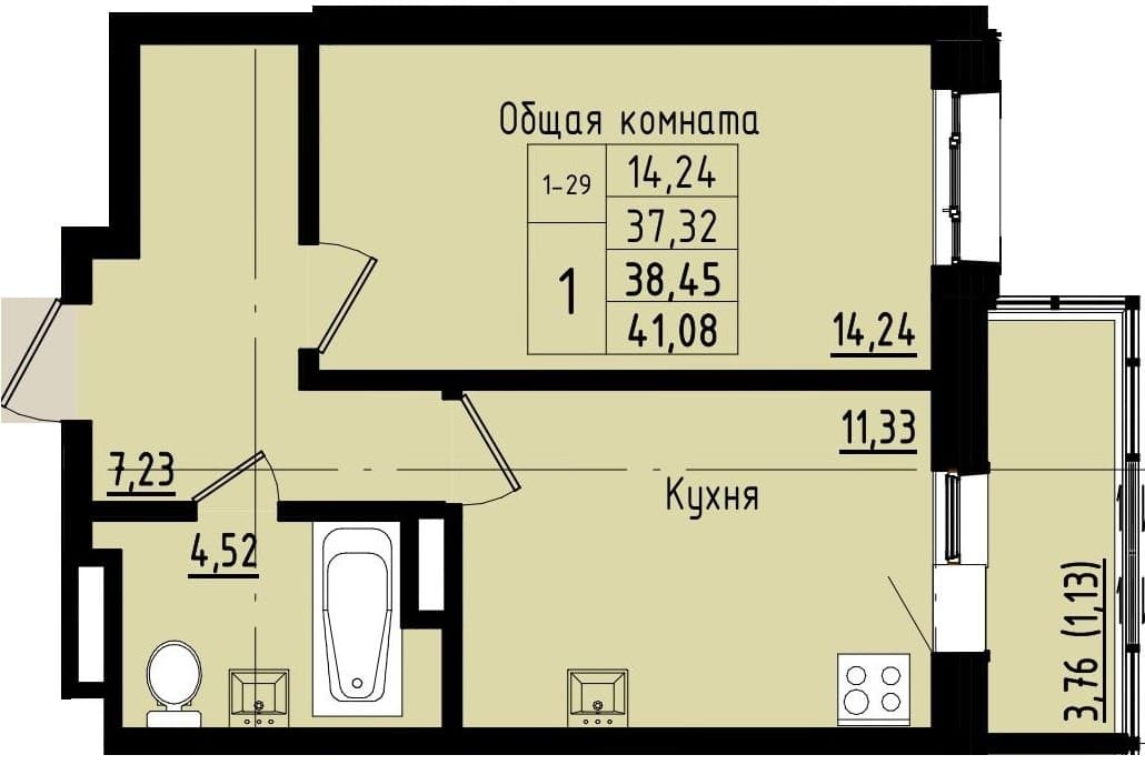 1 комн., 38.5 м²