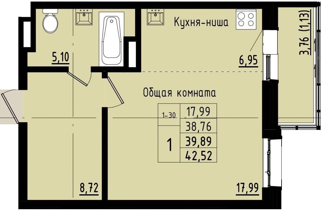 1 комн., 39.9 м²