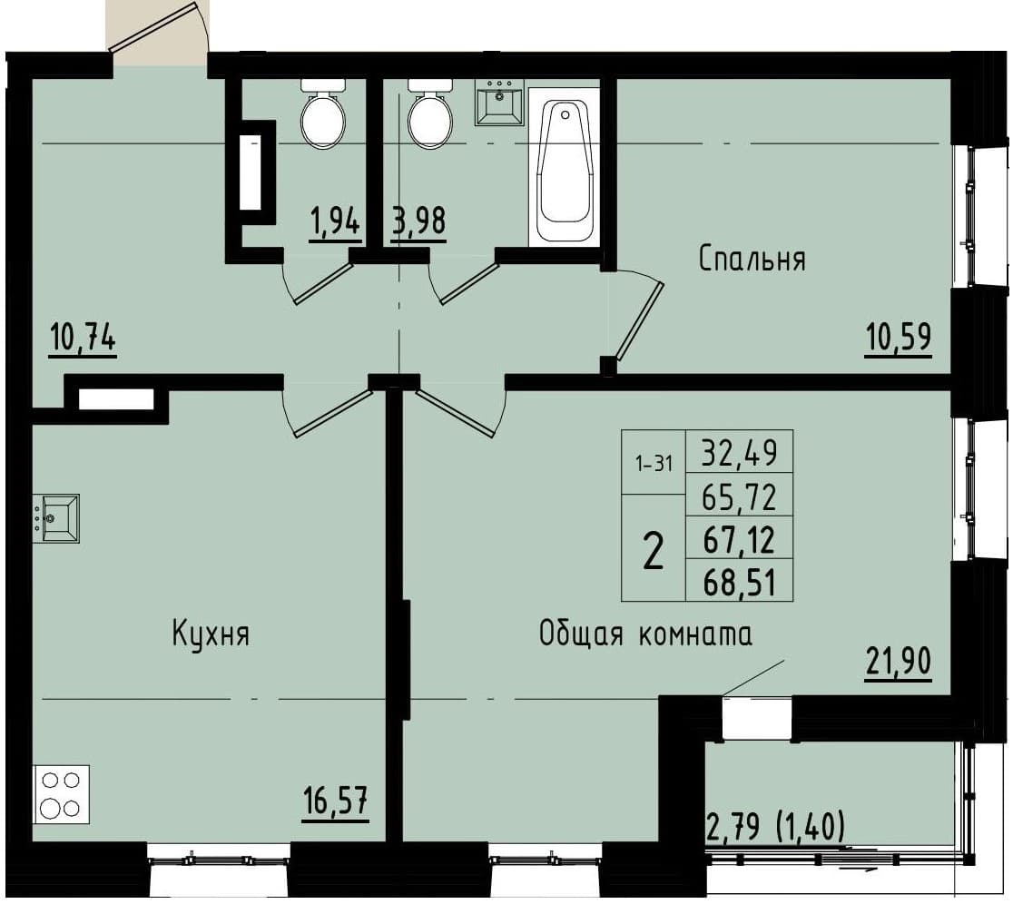 2 комн., 67.1 м²