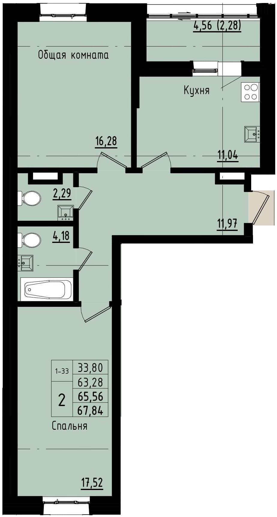 2 комн., 65.6 м²