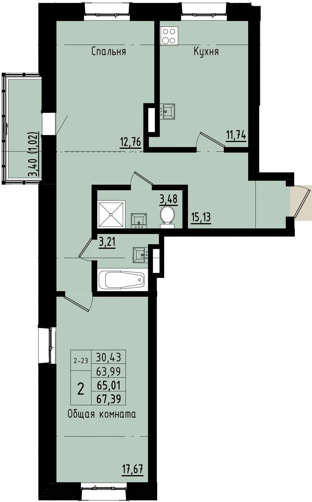2 комн., 65.0 м²