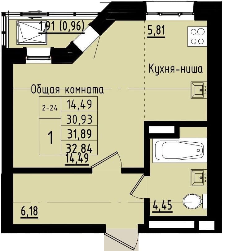 1 комн., 31.9 м²