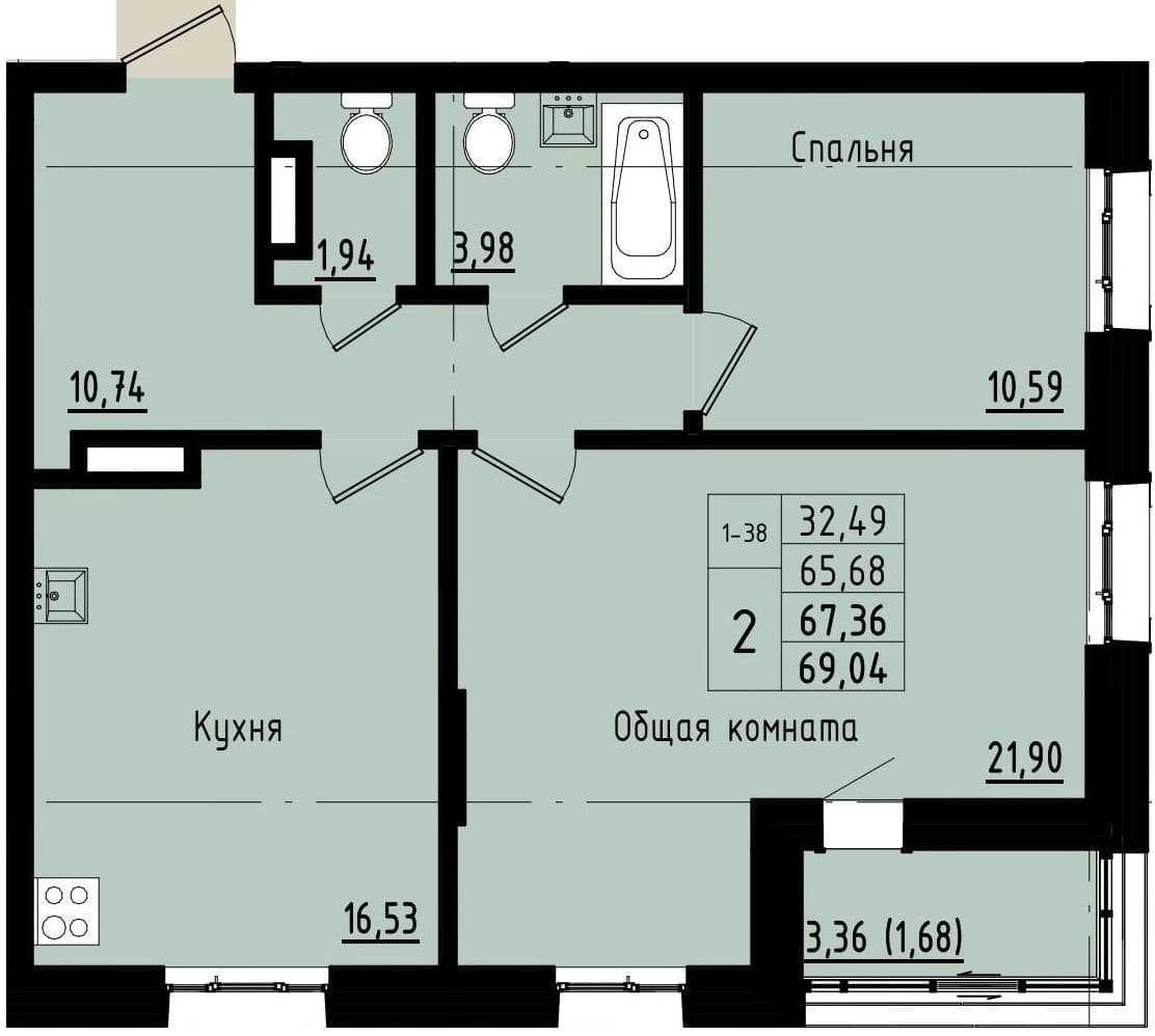 2 комн., 67.4 м²