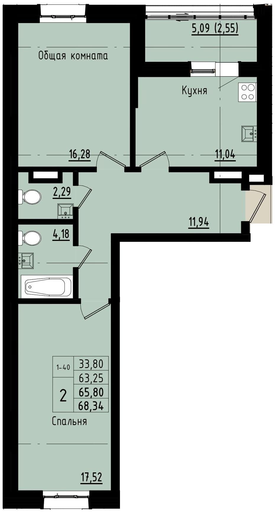 2 комн., 65.8 м²