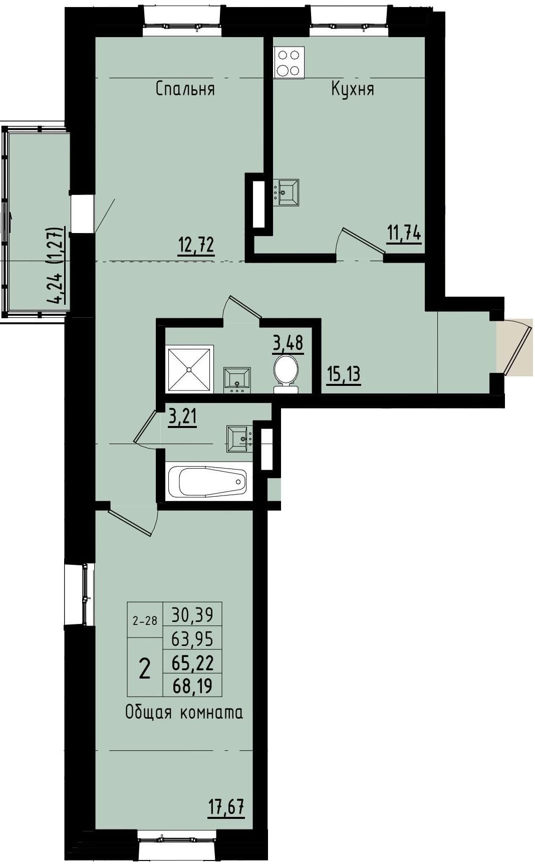 2 комн., 65.2 м²