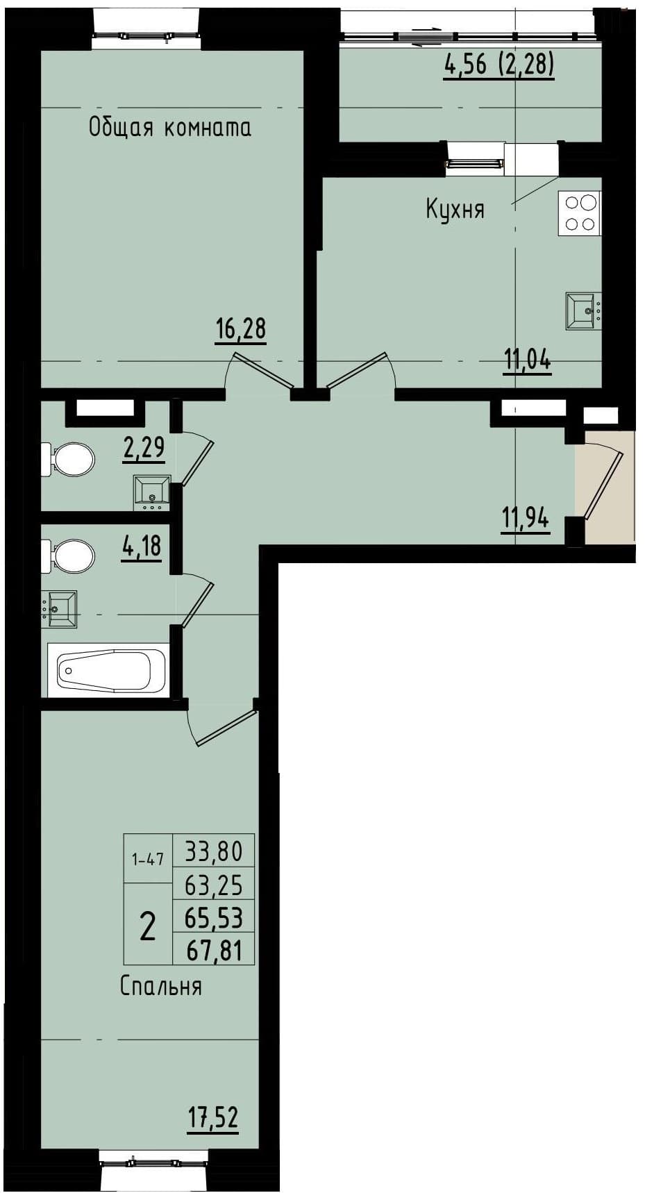 2 комн., 65.5 м²