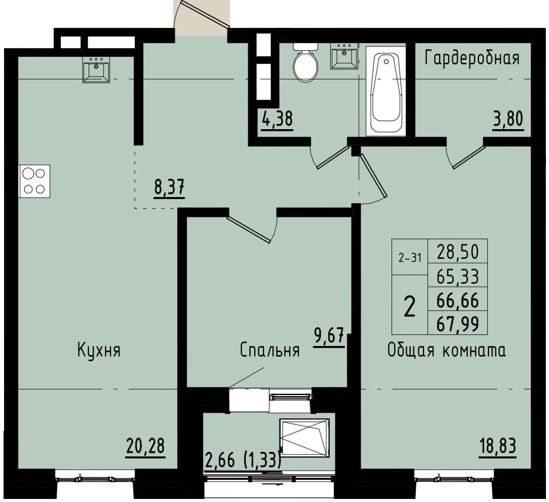 2 комн., 66.7 м²