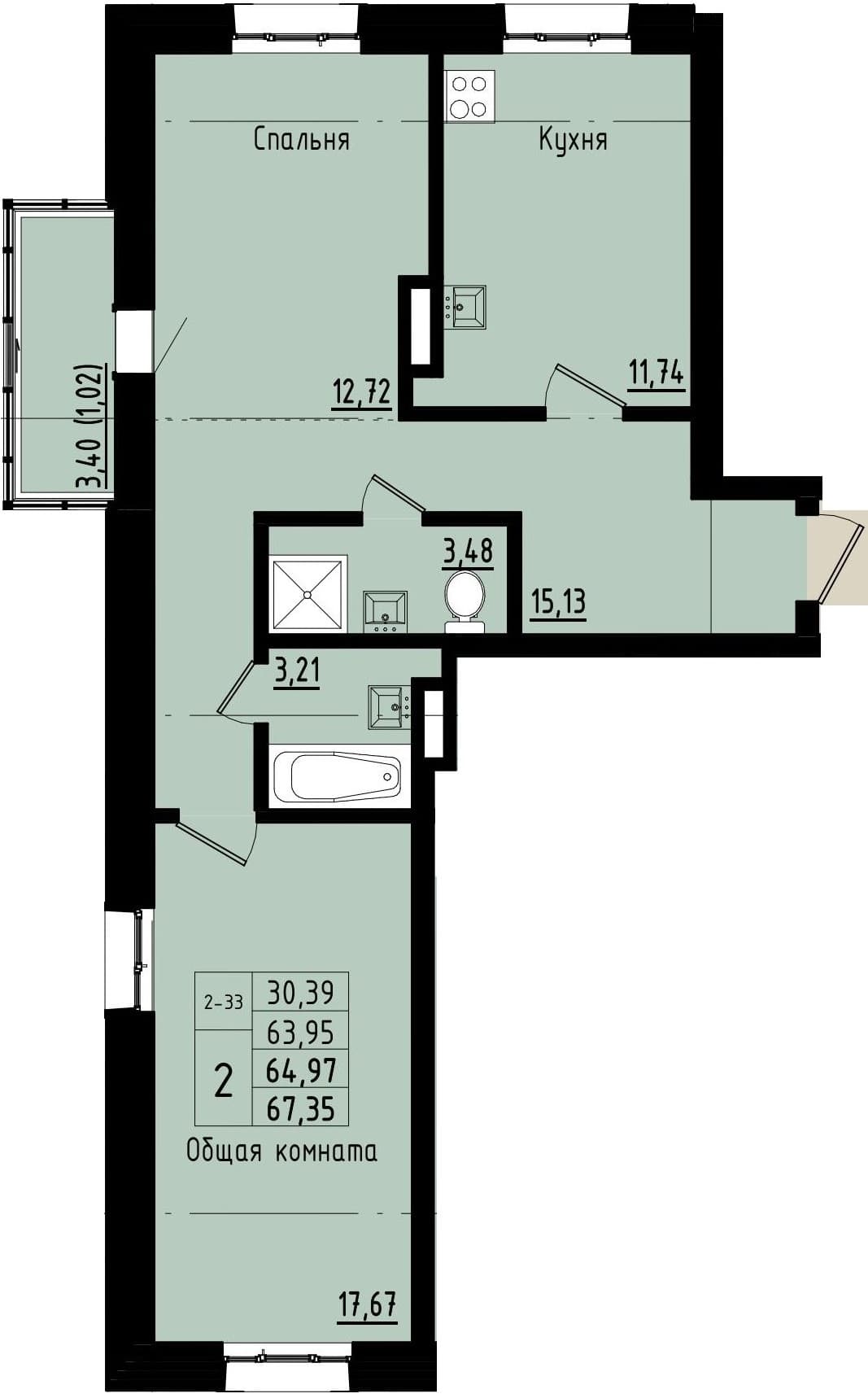 2 комн., 65.0 м²