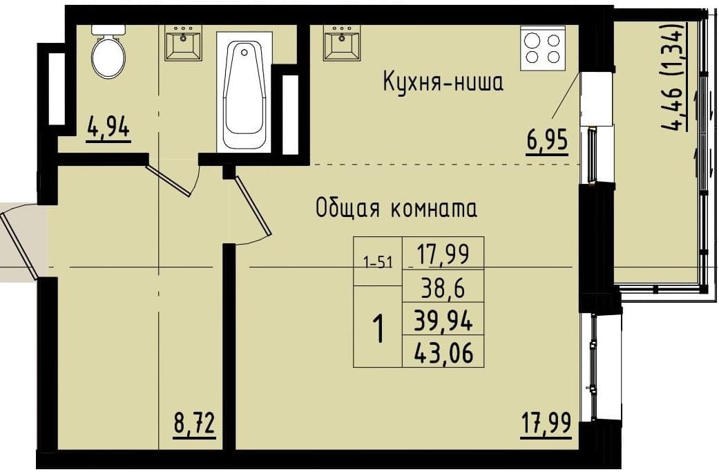 1 комн., 39.9 м²