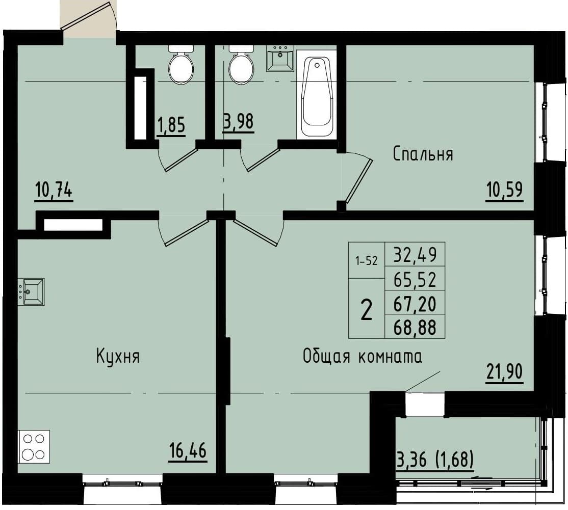 2 комн., 67.2 м²